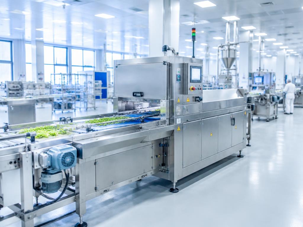 Stainless steel food processing line in a modern production facility