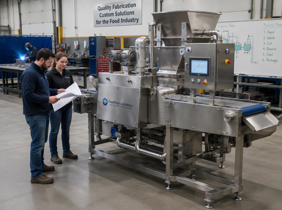 Engineers reviewing drawings beside a custom food processing machine
